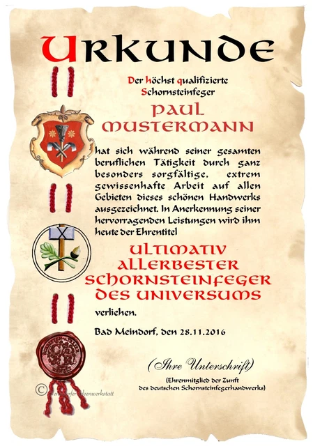 Urkunde SCHORNSTEINFEGER KAMINKEHRER DIN A4 HW Diplom Arbeits-Jubiläum Urkunde SCHORNSTEINFEGER KAMINKEHRER DIN A4 HW Diplom Arbeits-Jubiläum