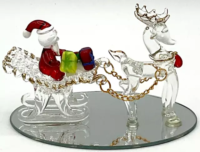 Handmade Spun Glass Santa Sleigh & Reindeer Christmas Presents Mirror Base 3