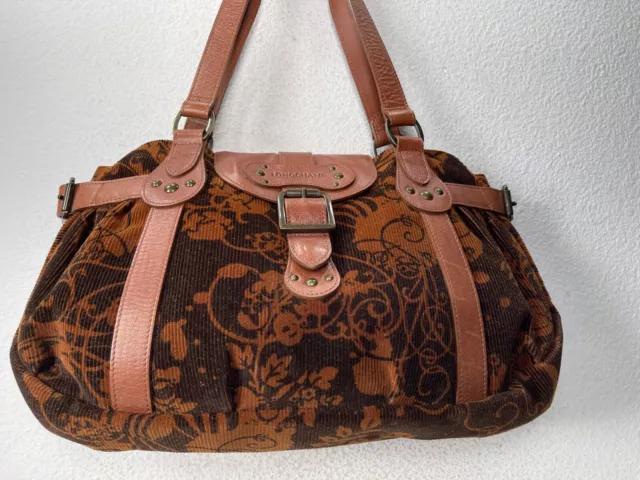 Women's Bag- Longchamp France- Brown Cordaroy & Leather- Msrp $565.00