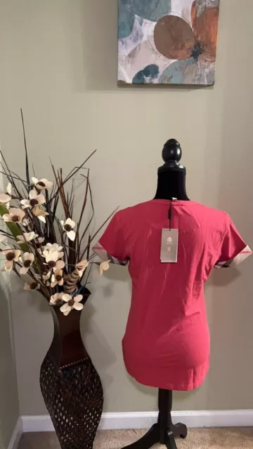 Burberry Womens Check Cuff Short Sleeved Tee Shirt Bright Rose 2