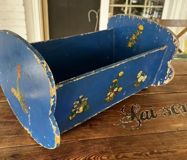 Vintage Blue Painted Farmhouse Wooden Rocking Doll Cradle/Bed with Flowers Decor