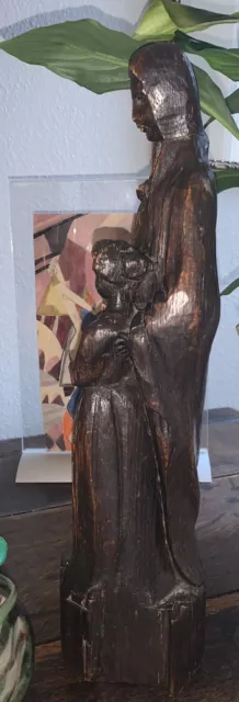Ancienne Vierge à l'enfant statue bois sculpté 2