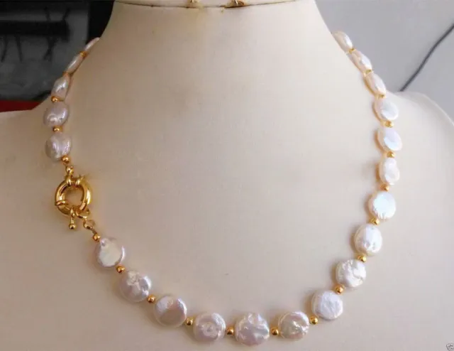 Genuine 12-13mm Natural White Coin Freshwater Cultured Pearl Necklace 18''