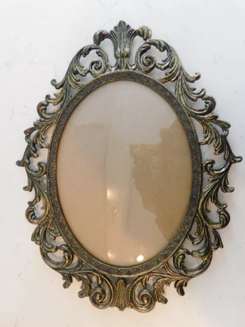 Vintage 13.5" Ornate Antique Brass Wall 9 x 7 Convex/ Bubble Glass Picture Frame