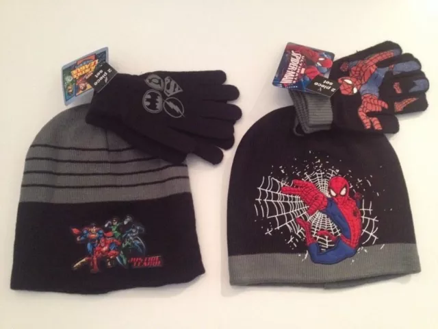 Justice League Batman Spiderman Superhero Boy Knit Hat Beanie Gloves Set Grey