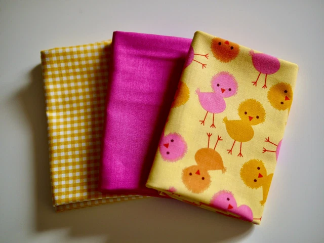 Paquete de Tela Patchwork 3 X 25x110CM Pollito Cuadro + Uni Fucsia para Niños
