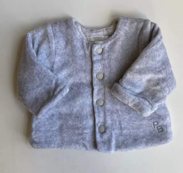 Purebaby baby unisex size newborn grey velour button up cardigan jumper, EUC