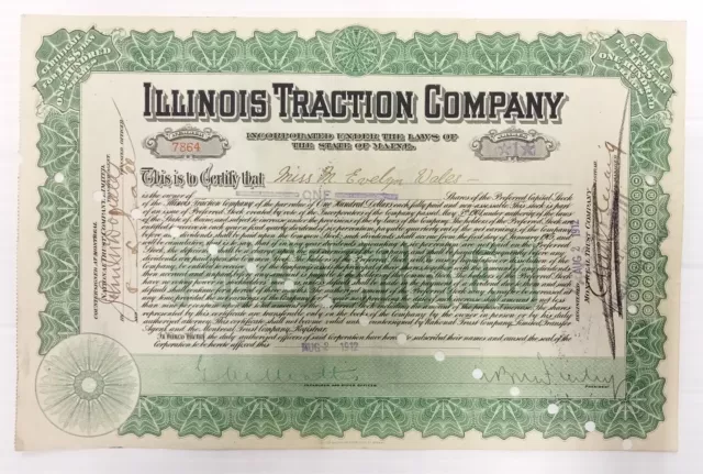 United States Illinois Traction Company share certificate for 1 shares