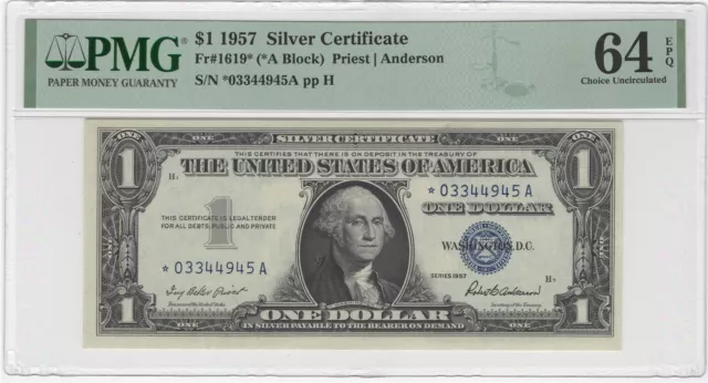 1957 $1 US Silver Certificate Fr#1619* PMG 64 EPQ Choice Uncirculated STAR NOTE
