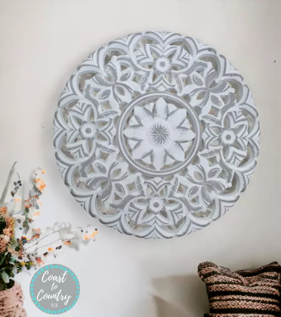 Hamptons Coastal Grey Wood Carved Wall Art Home Decor Mandala 40cm