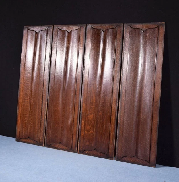 *Antique French Gothic Revival Panels in Oak Wood Salvage w/Linen Fold Carvings