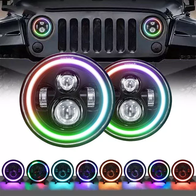 2x 7'' LED Headlight RGB Halo Projector Angel Eye DRL For Jeep Wrangler JK TJ LJ