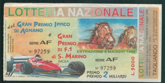 BIGLIETTO LOTTERIA NAZIONALE G.P. AGNANO e GRAN PREMIO F.1 SAN MARINO-IMOLA 1996