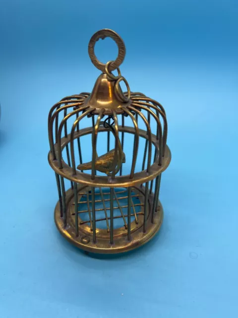 VTG Solid Brass Hanging Mini Dome Decorative Bird Cage With Bird On Swing 4.75" 3