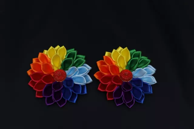 Pair of Handmade Girl's Flower hair bobbles / bow Kanzashi - rainbow