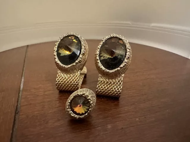 Swank Vintage Gold Tone Rivoli Watermelon Green Mesh Wrap Cufflinks Tie Tack