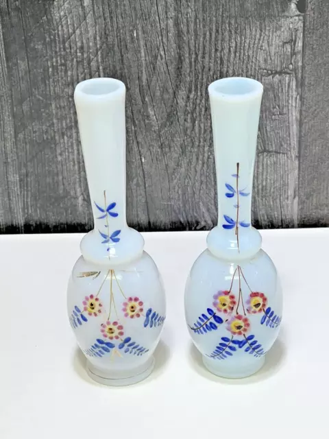 Pair White Opaline Glass Bud Vases Hand Painted Enamel Small 5.75"  Floral