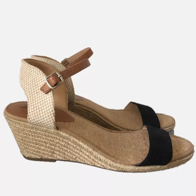 Lucky Brand Kavelli Sandals 10 Espadrille Wedge Strappy Black Tan Excellent *