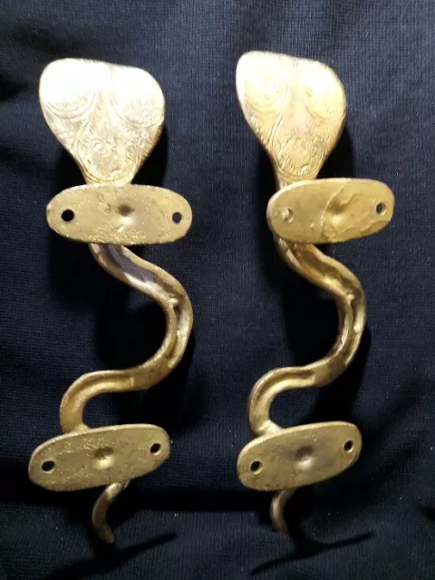 Vintage Antique Style Snake Cobra Solid Brass Pair Of Door Handles Pulls~8.5" S 2