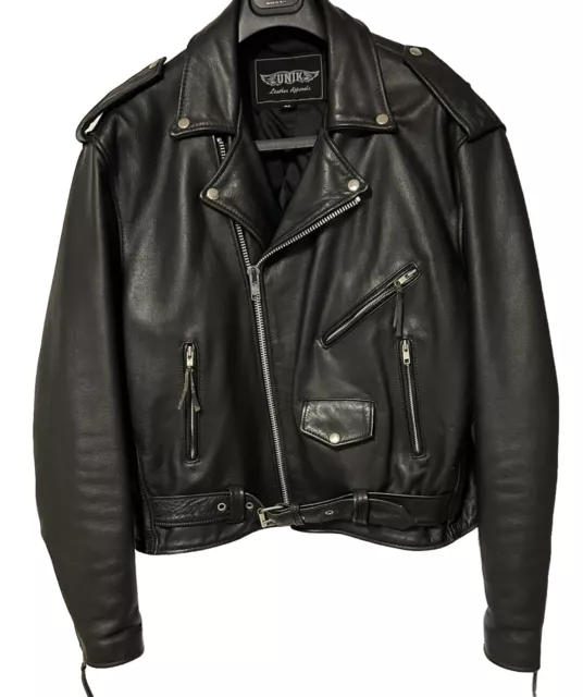 Unik Mens Vtg Leather Motorcycle Jacket Black Belted Harley Davidson Patch Sz 46