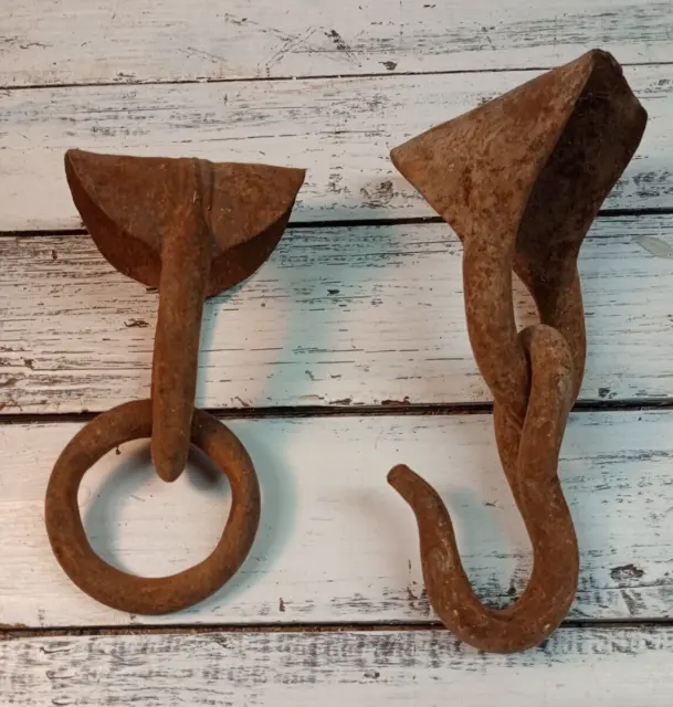 Very Old Rustic Hand Forged Primitive Loop Yolk Ox Farm Decor hook lot of two