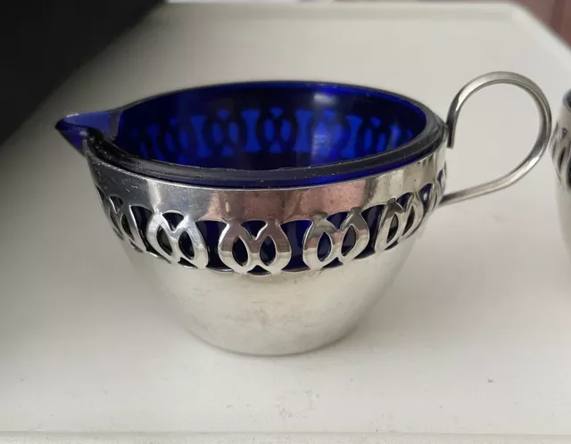 Vintage Cobalt Blue Glass Sugar  Bowl & Milk Jug  in Filigree chrome baskets 2