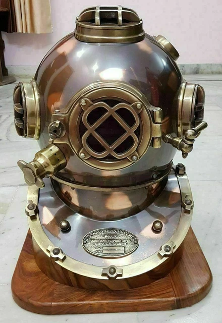Casque De Plongée Mark V US Navy - Reproduction - Socle Bois - Déco Luxe