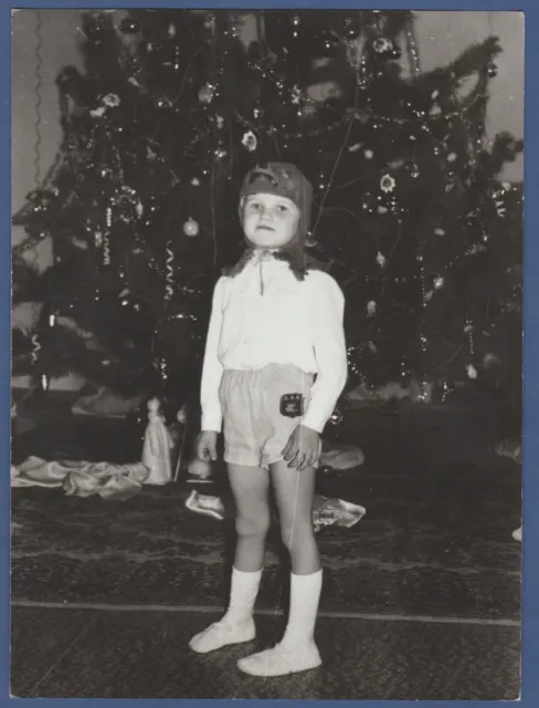 Beautiful boy near the Christmas tree in kindergarten. Soviet Vintage Photo USSR