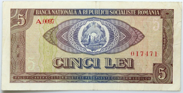 Romania - BANKNOTE - 5 Lei 1966 - Series A. 0097 017471