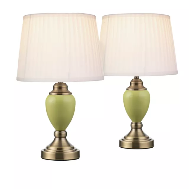 Malham Table Lamps Pair Green Small Touch Control with Ivory Pleated Shades