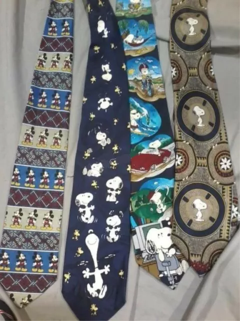 Lot of 4 Vintage Novelty Ties Snoopy Peanuts Disney Mickey Mouse