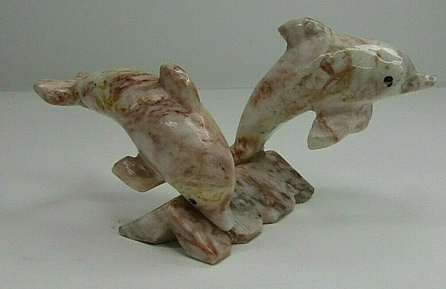 VTG Marble Stone Tandem Pink Dolphins Figurine/Paperweight