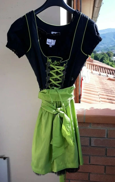 Marjo abito donna Dirndl Tg.40 pizzo nero a fiori verde grembiule e top nuovo