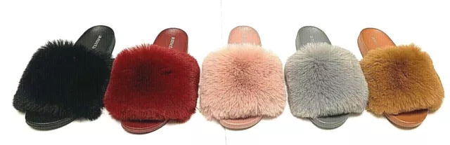 Woman Faux Fur Slide Slippers Fuzzy Furry House Flip Flops Shoes Rubber Sandal