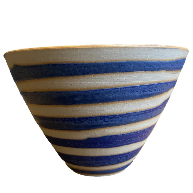Studio Art Pottery Vase Bowl Blue Cream Circular Stripes Handmade Artist Signed