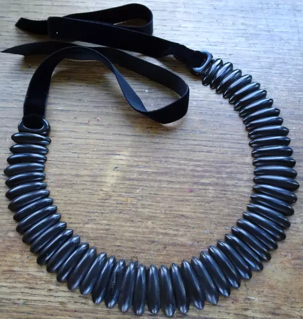 antique Victorian jet black VULCANITE  panel bead statement collar necklace -W49