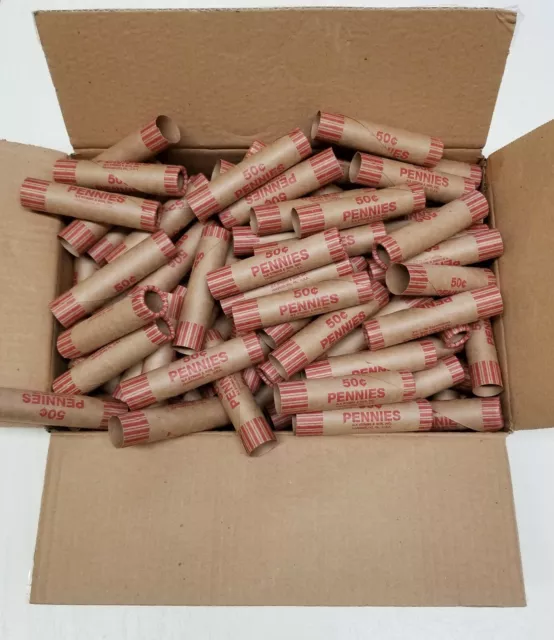 100 Rolls Preformed PENNY Coin Wrappers Paper Tubes For Pennies (Holds 50 cents)