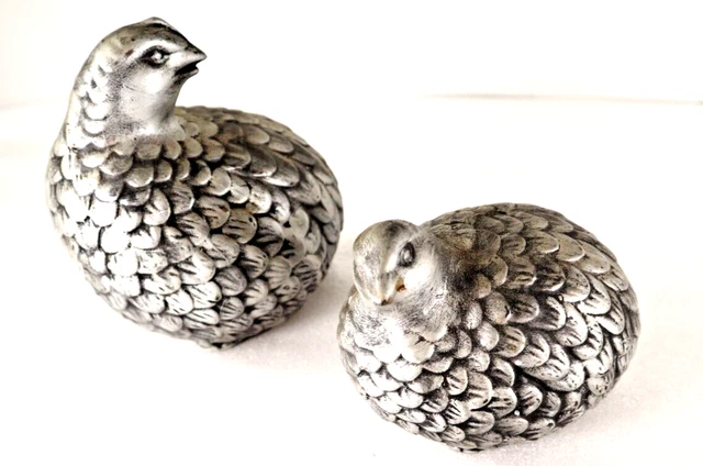 2 Vintage Partridge Quail Stoneware Mother Chick Figurines Silver Tone Sign K.R.