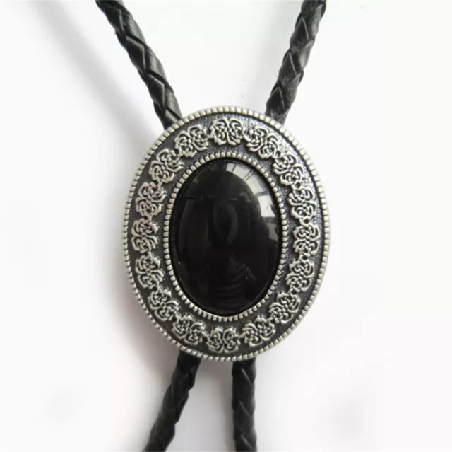 Vintage Silver Plated Black Obsidian Stone Bolo Tie