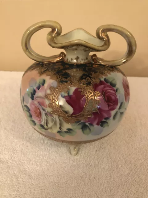 antique nippon hand painted footed vase urn gold trimmed 5”