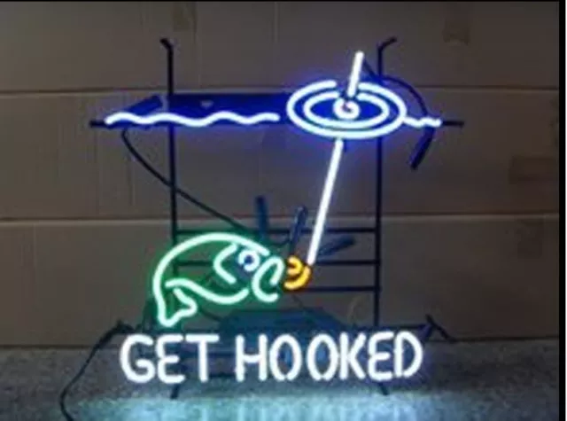 Get Hooked Fish Bar Neon Light Sign 20"x16" Lamp Glass Wall Space Decor Hanging