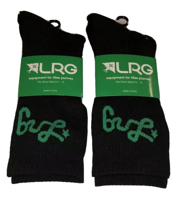 2 pares de calcetines de tripulación LRG elevados grupo de investigación para hombre 6,5-12 negros con logotipo verde ¡NUEVOS!