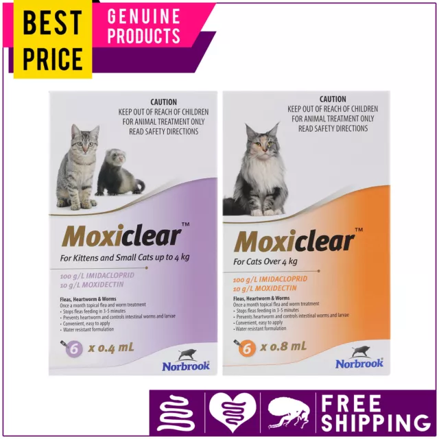 Moxiclear 6 Doses Flea Worms Heartworm Treatment for All Sizes Cats