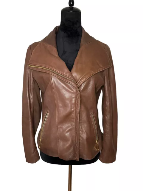 Tahari Lamb Leather Brown Moto Jacket sz M