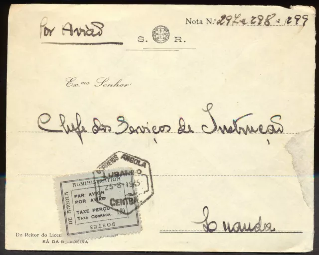 Angola 1945 Postage Due Air Mail Cover Used At Luanda Localy.  A1