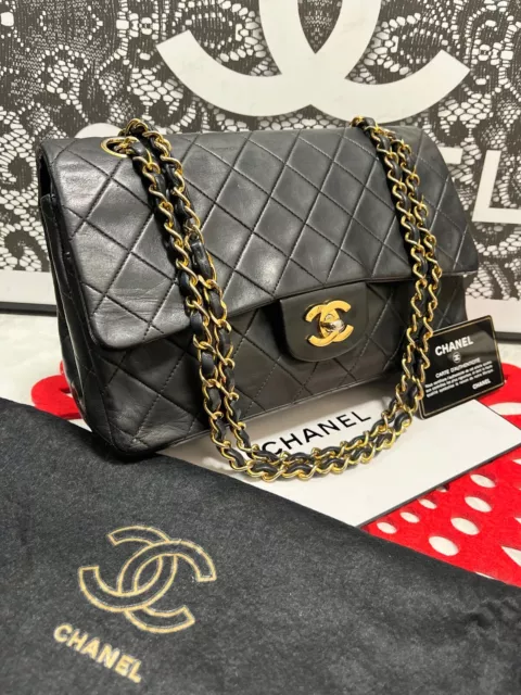 CHANEL Double Flap 25 Quilted CC Logo Lambskin w/ Chain Shoulder Bag Black 546