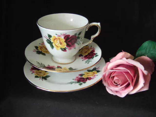 Vintage Queen Anne , Bone China Trio Cup Saucer Plate Red & Yellow Roses Design