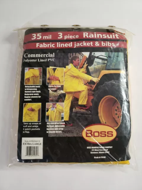 Boss Fabric Lined 3 Piece Rainsuit 35 mil Bib Jacket Hood size XL Yellow NEW