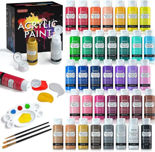Shuttle Art 40 Pack Pastel Acrylic Paint Set, 30 Colors, 60ml/2oz Bottles, High Viscosity, Water-proof Paint with 10 Paint Brushes for Painting