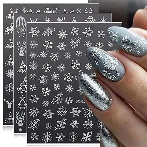 5 Hojas Calcomanías Blanco Copo de Nieve Arte en Uñas Calcomanías Navidad Uñas Plata